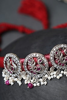 White Finish Pink Onyx Temple Peacock Choker Necklace In Sterling Silver