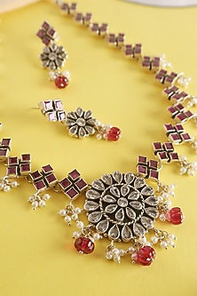 White Finish Ruby Stone & CZ Temple Floral Long Necklace Set In Sterling Silver