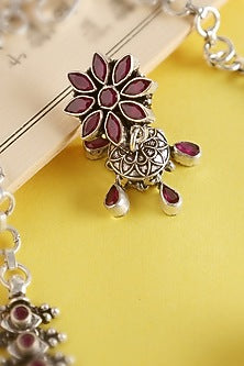 White Finish Ruby Drop Temple Necklace Set In Sterling Silver
