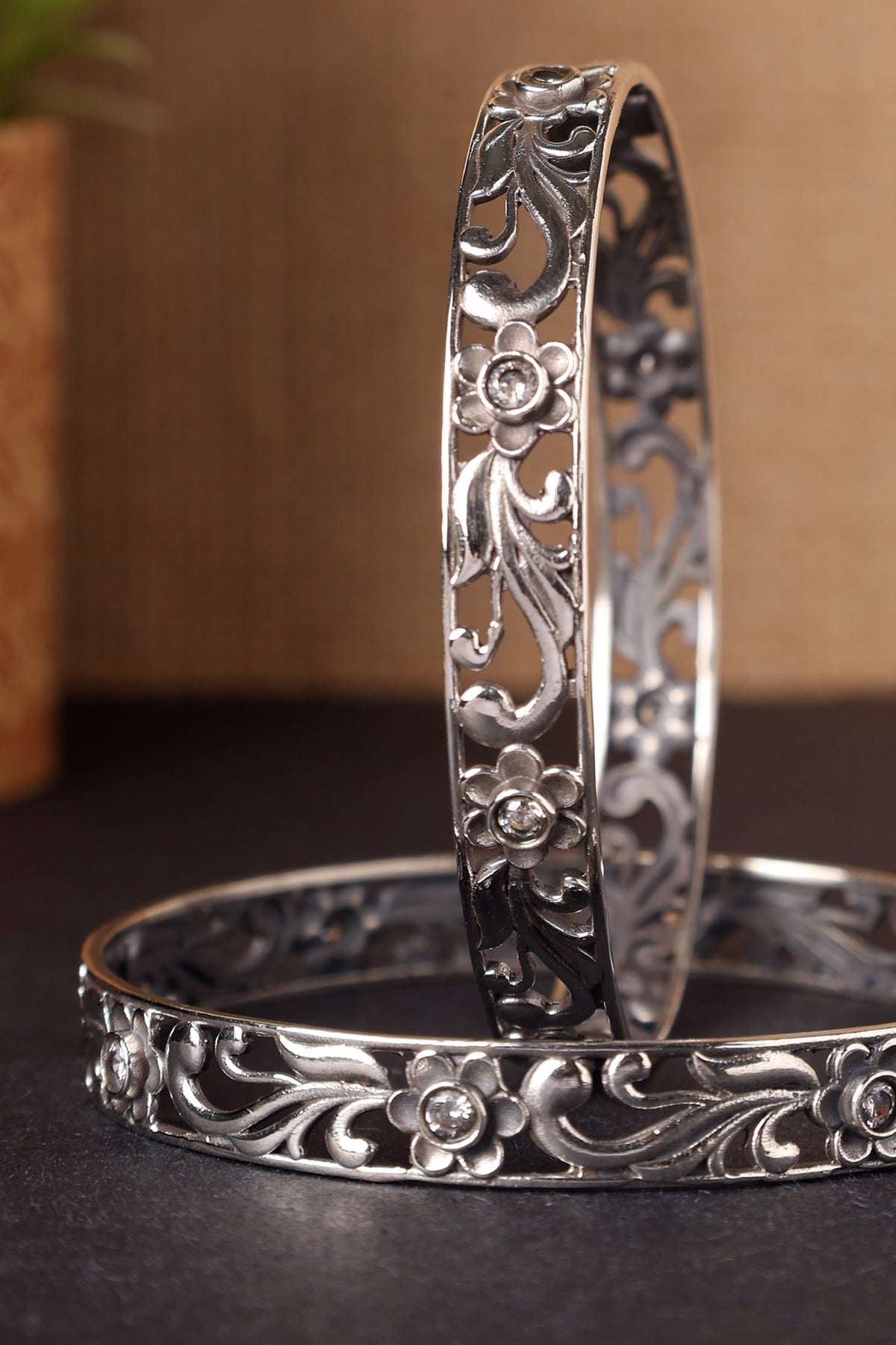 White Finish CZ Temple Floral Bangles In Sterling Silver (Set Of 2)