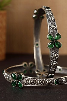 White Finish Green Onyx Temple Butterfly Bangles In Sterling Silver (Set Of 2)