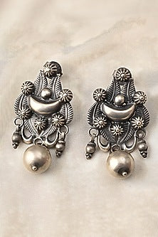 White Finish Tribal Dangler Earrings In Sterling Silver