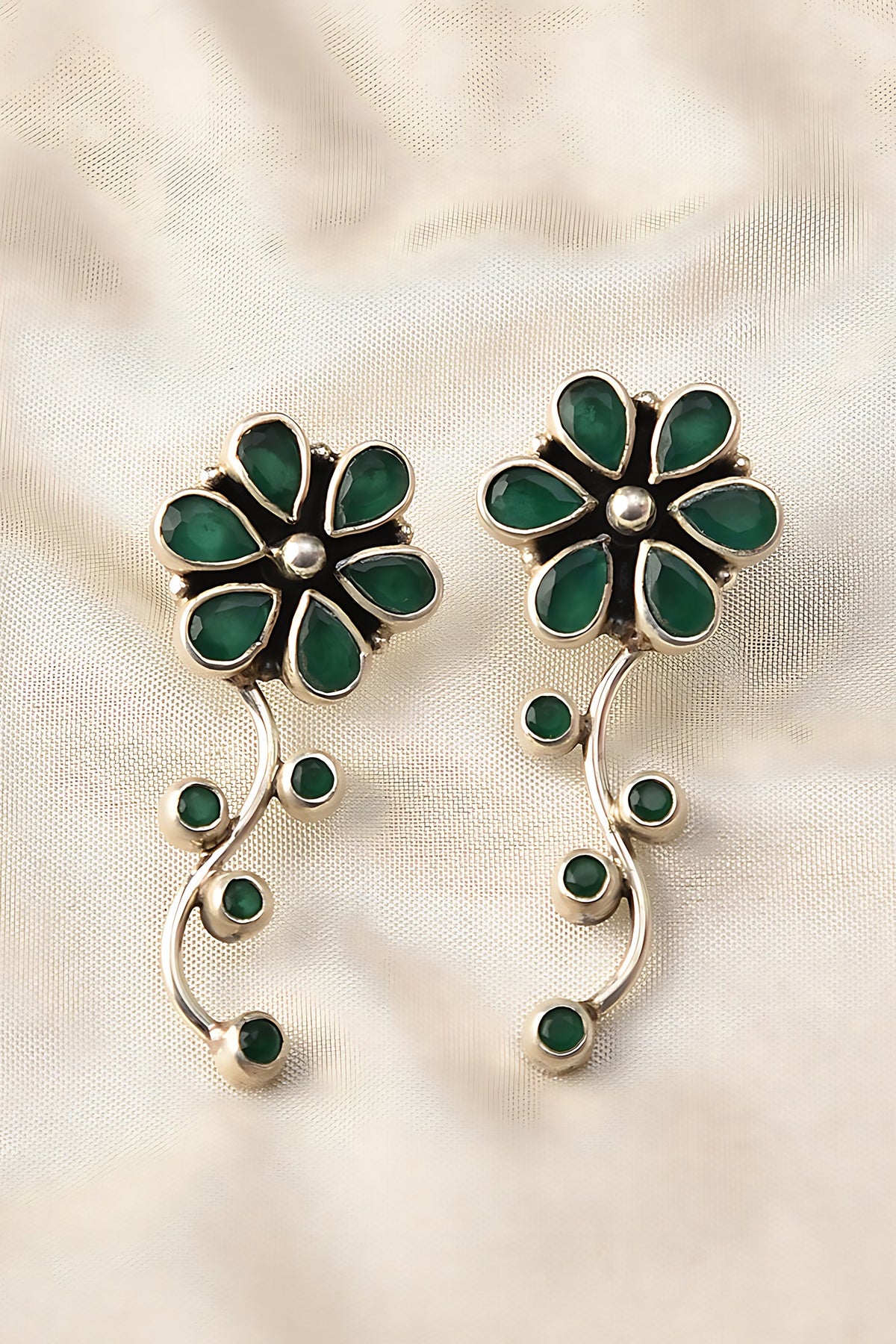 White Finish Green Onyx Tribal Dangler Earrings In Sterling Silver