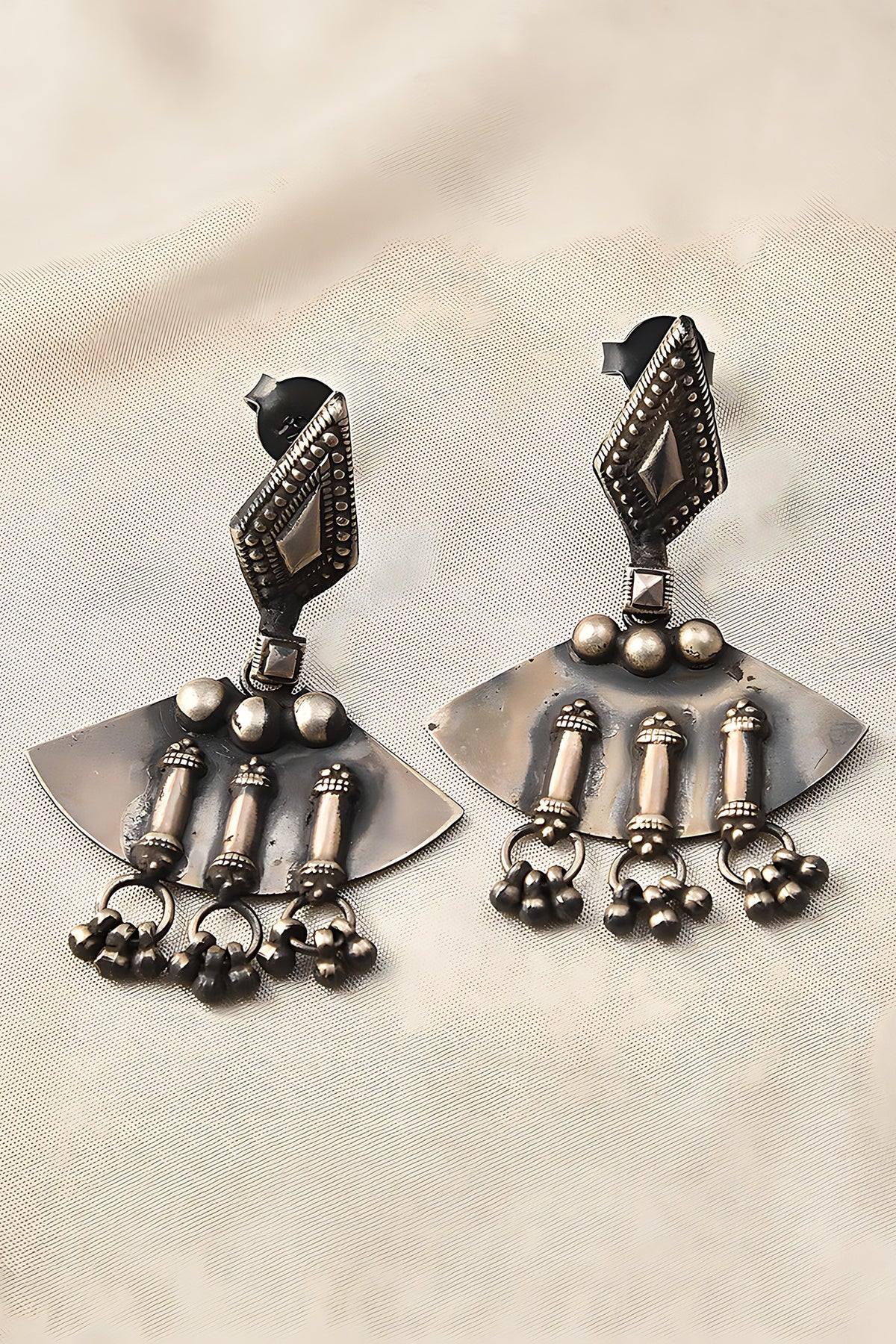 White Finish Tribal Dangler Earrings In Sterling Silver