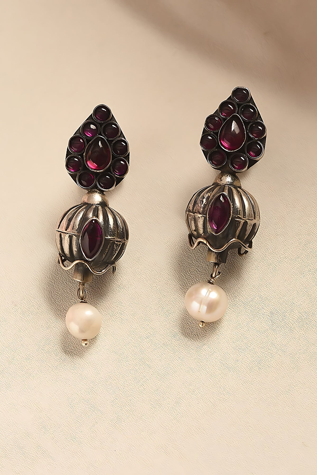 White Finish Ruby & Onyx Temple Tribal Dangler Earrings In Sterling Silver