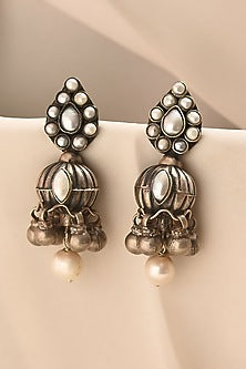 White Finish Pearl Temple Tribal Dangler Earrings In Sterling Silver