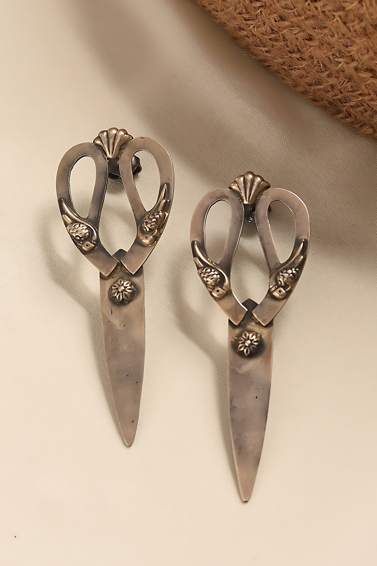 White Finish Temple Tribal Dangler Earrings In Sterling Silver