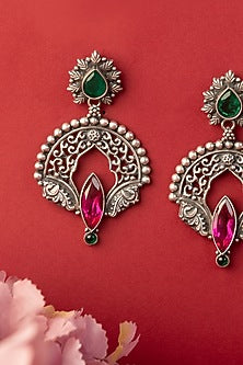 White Finish Kempstone Temple Dangler Earrings In Sterling Silver