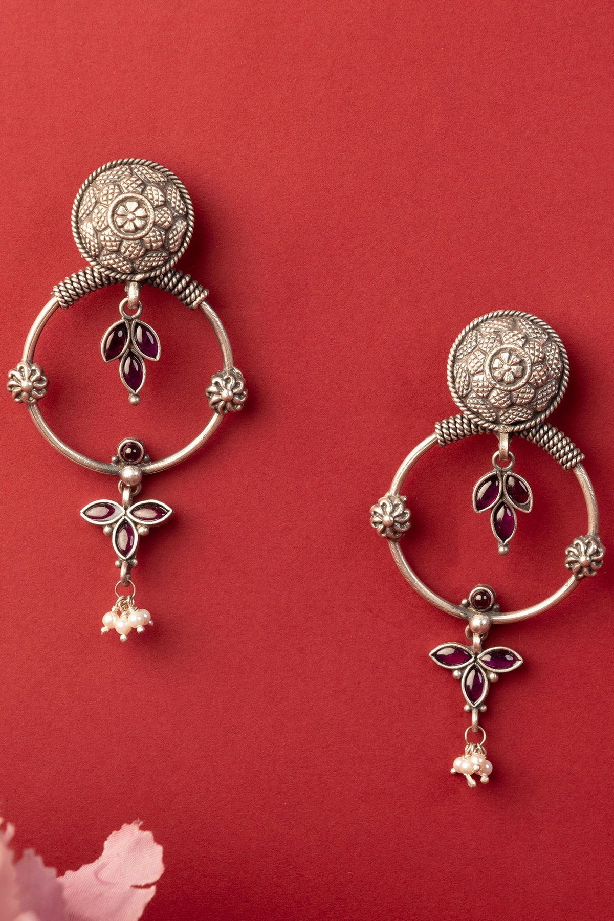 White Finish Kempstone & Pearl Temple Dangler Earrings In Sterling Silver