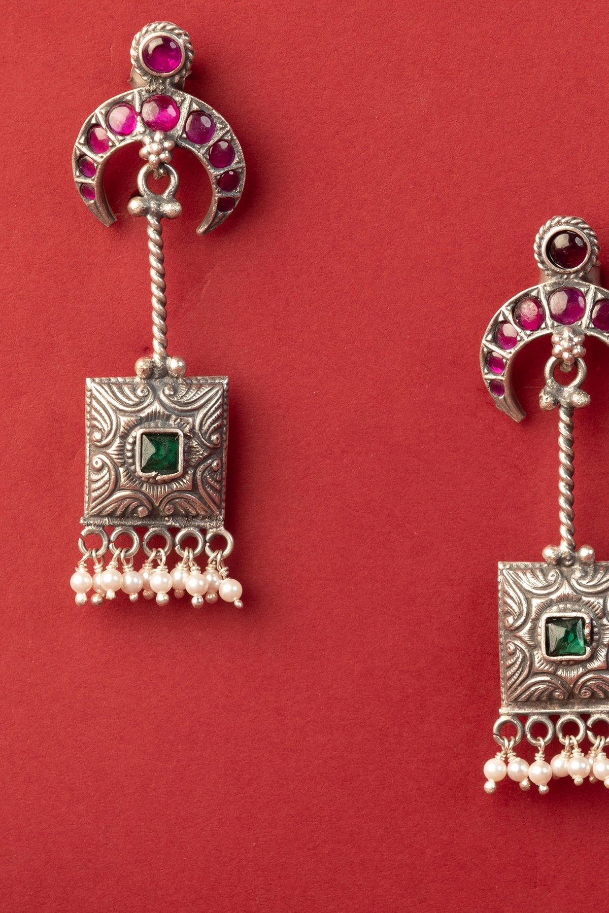 White Finish Kempstone & Pearl Temple Dangler Earrings In Sterling Silver