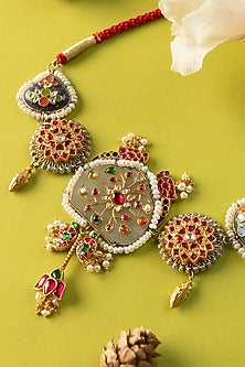 White Finish Kundan Polki & Pearl Temple Choker Necklace In Sterling Silver