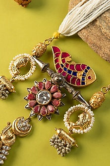 White Finish Kundan Polki & Pearl Temple Long Necklace In Sterling Silver