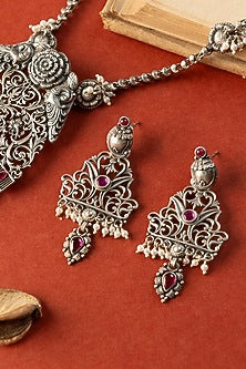 White Finish Kempstone Temple Long Necklace Set In Sterling Silver
