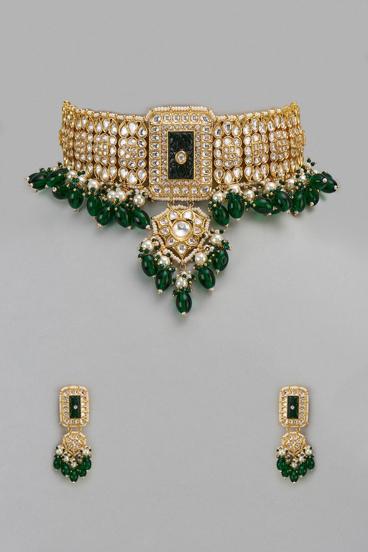 Two Tone Finish Kundan Polki & Emerald Choker Necklace Set