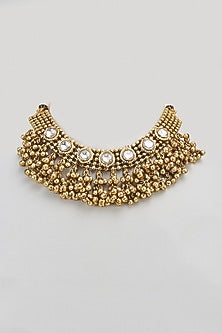 Gold Finish Oxidized Kundan Polki & Ghungroo Hanging Choker Necklace Set