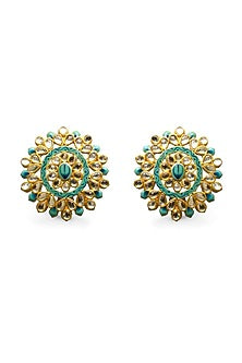 Gold Finish Kundan Polki & Pearl Enamelled Stud Earrings