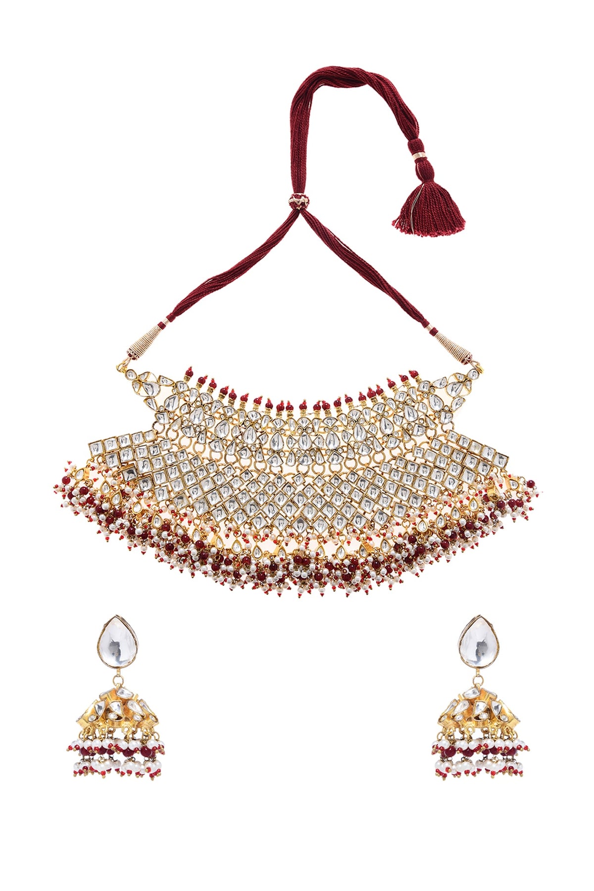 Gold Finish Red Beaded Choker Necklace Set