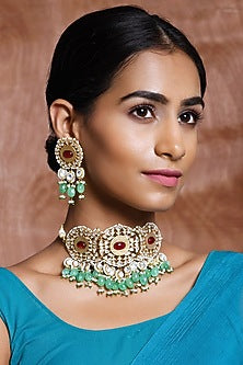 Gold Finish Mint Synthetic Stone Choker Necklace Set