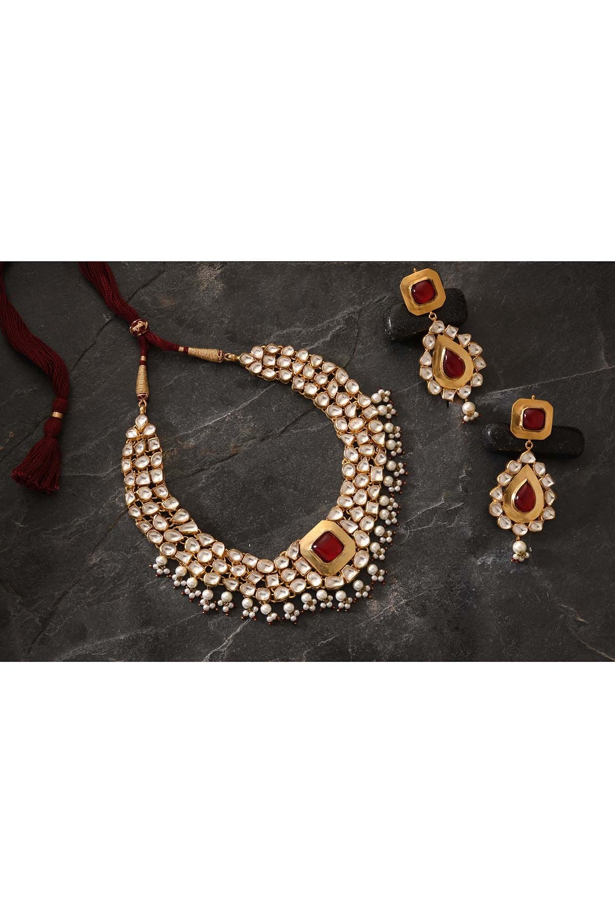 Gold Finish Red Stone Necklace Set