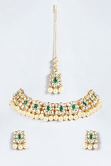 Gold Plated Emerald Kemp Stone Necklace Set