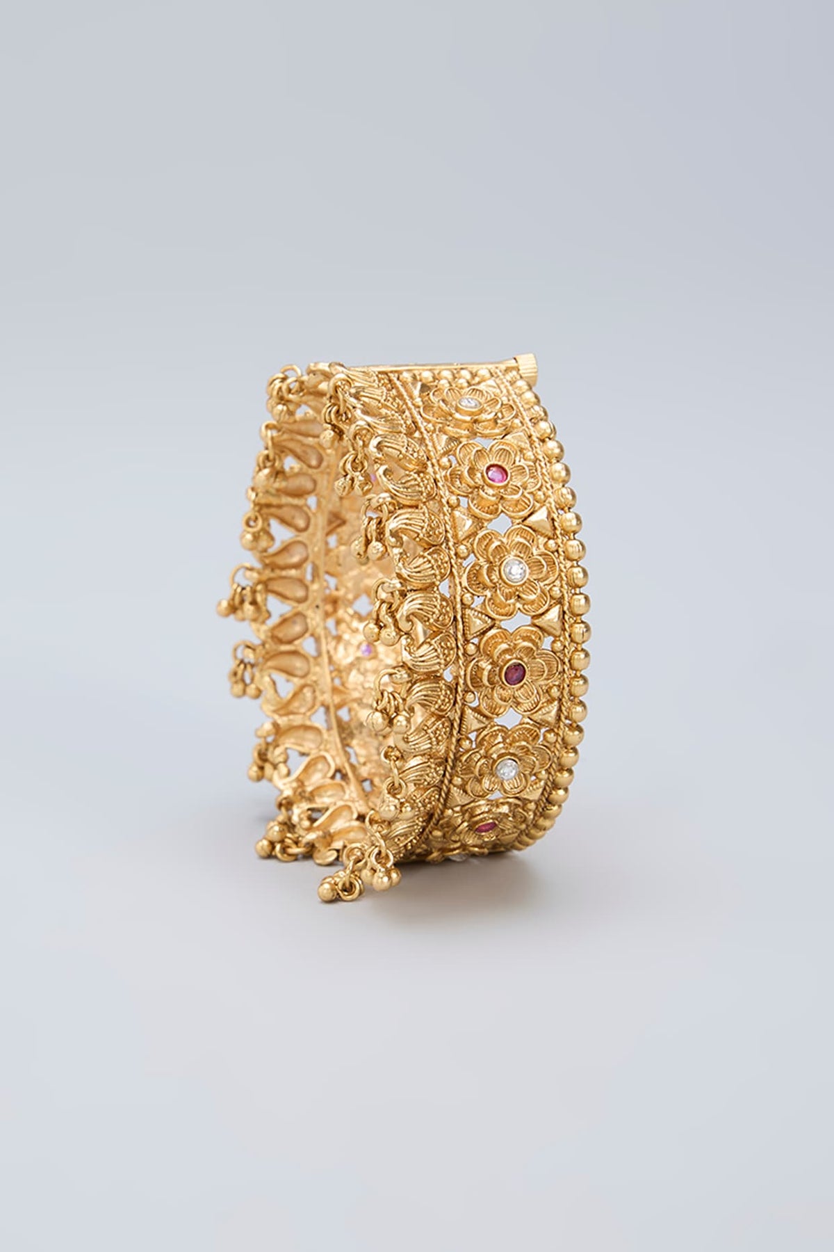 Gold Finish Ruby Kemp Stone & Beaded Kada