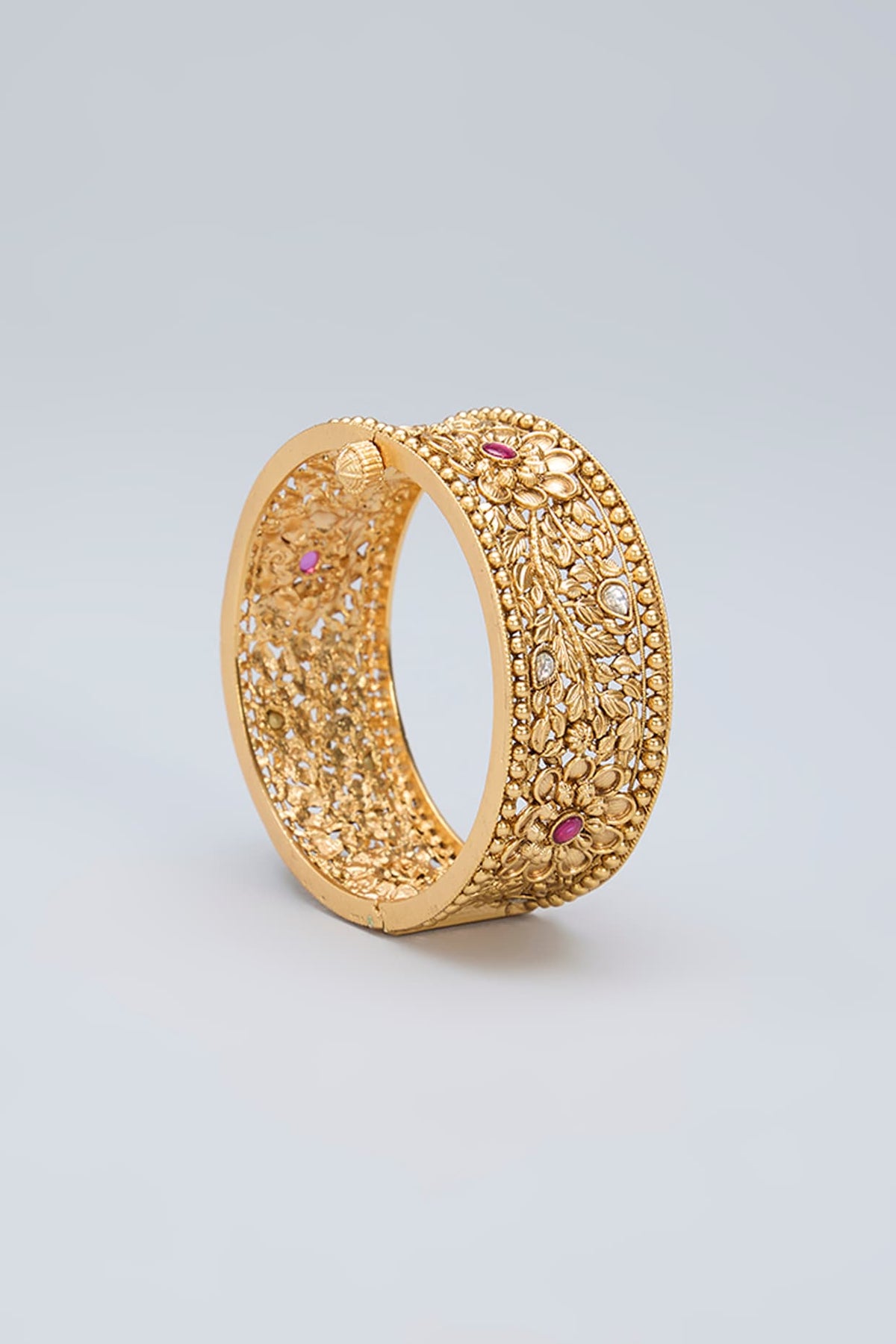 Gold Finish Pink Kemp Stone Floral Kada