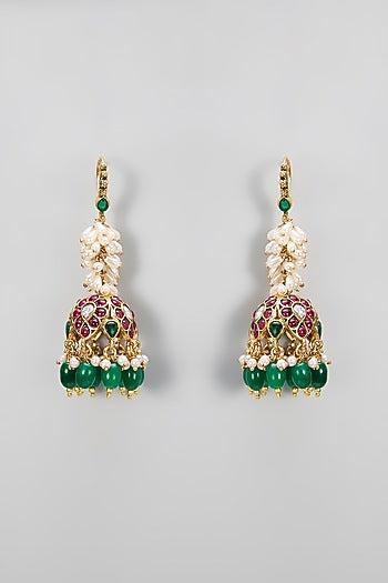Gold Plated Kundan Polki & Emerald Stone Jhumka Earrings