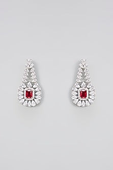 White Gold Finish Red Cubic Zirconia Long Necklace Set