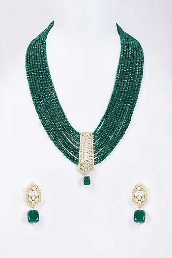 Gold Plated Green Bead & Kundan Polki Long Necklace Set