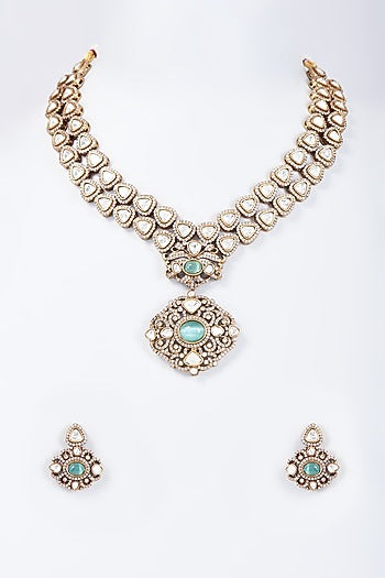 Two Tone Finish Kundan Polki & Mint Green Stone Necklace Set