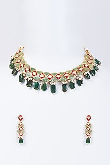 Gold Plated Green Bead & Kundan Polki Meenakari Necklace Set