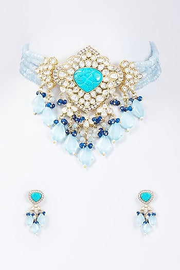 Gold Plated Kundan Polki & Blue Bead Choker Necklace Set