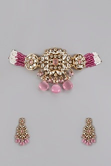 Gold Plated Kundan Polki & Pink Beaded Choker Necklace Set