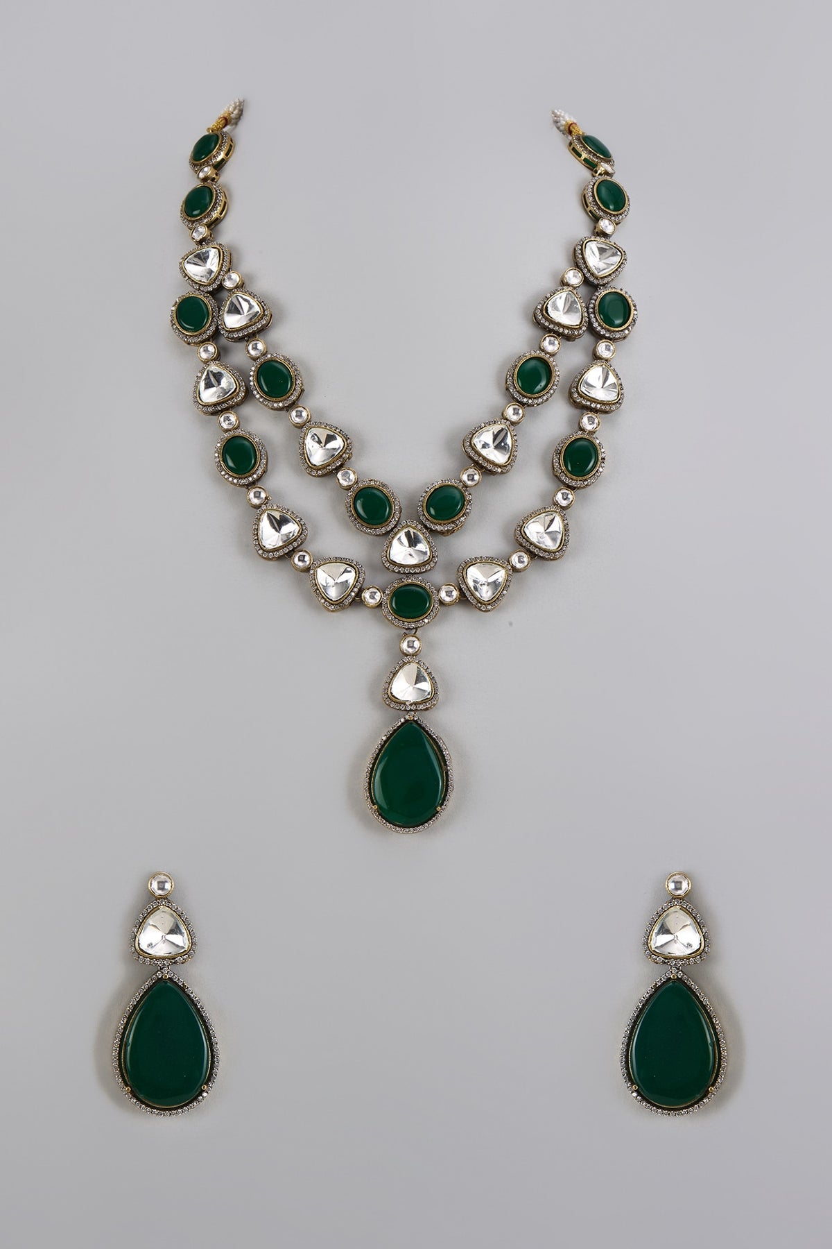 Two-Tone Finish Kundan Polki & Emerald Stone Layered Necklace Set