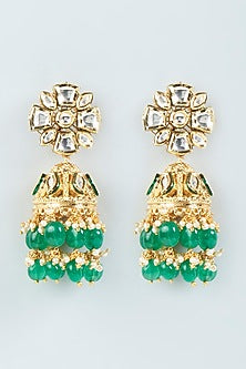 Gold Plated Green Meenakari Pearl Jhumka Earrings