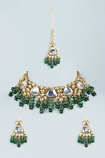 Gold Plated Kundan Polki & Green Beaded Choker Necklace Set