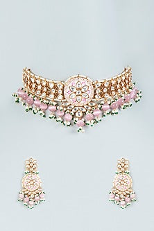 Gold Plated Pink Stone Enamelled Choker Necklace Set