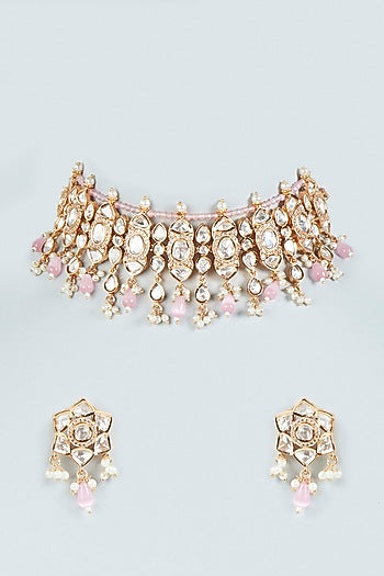 Gold Plated Pearl & Pink Stone Choker Necklace Set