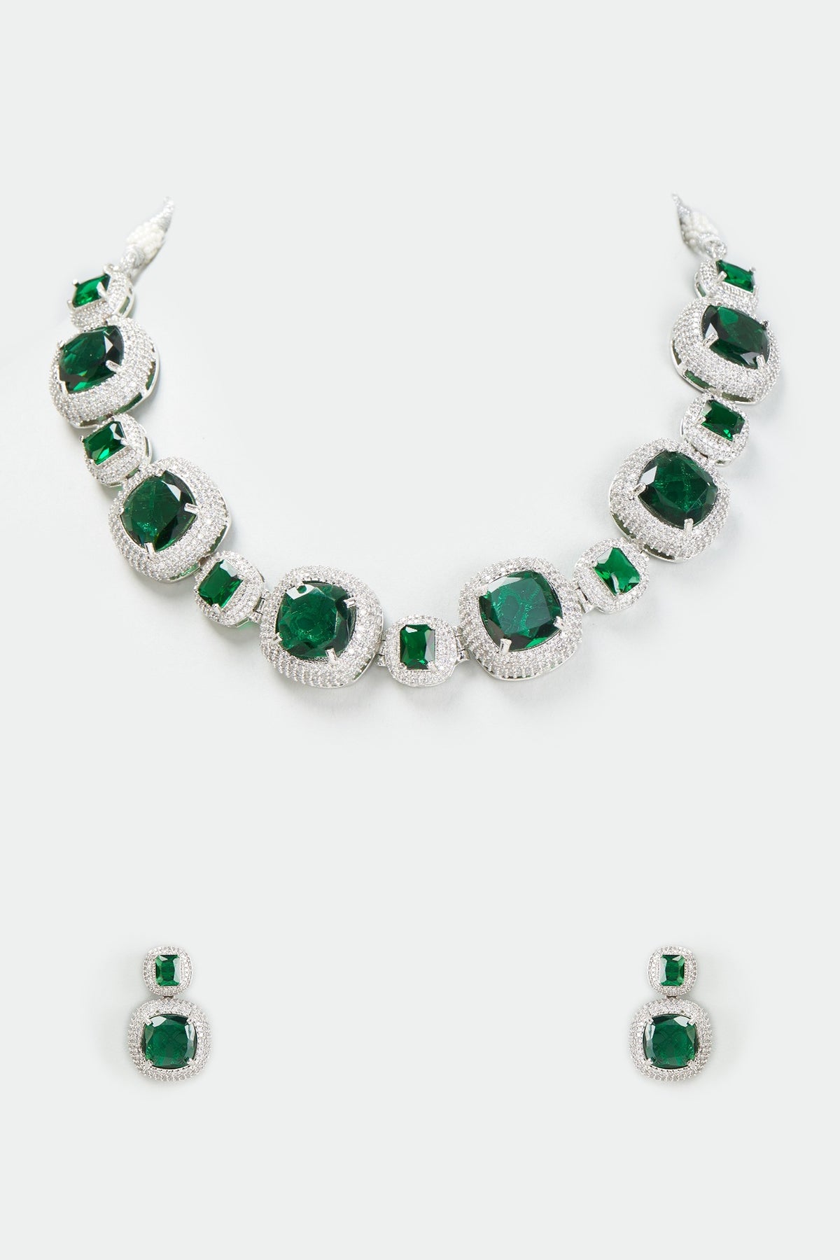 White Gold Finish Emerald Stone Necklace Set
