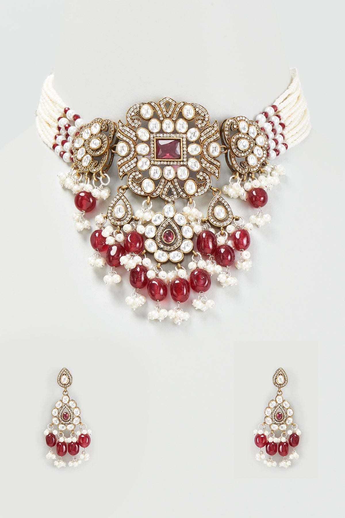 Two-Tone Finish Pearl & Ruby Stone Choker Necklace Set