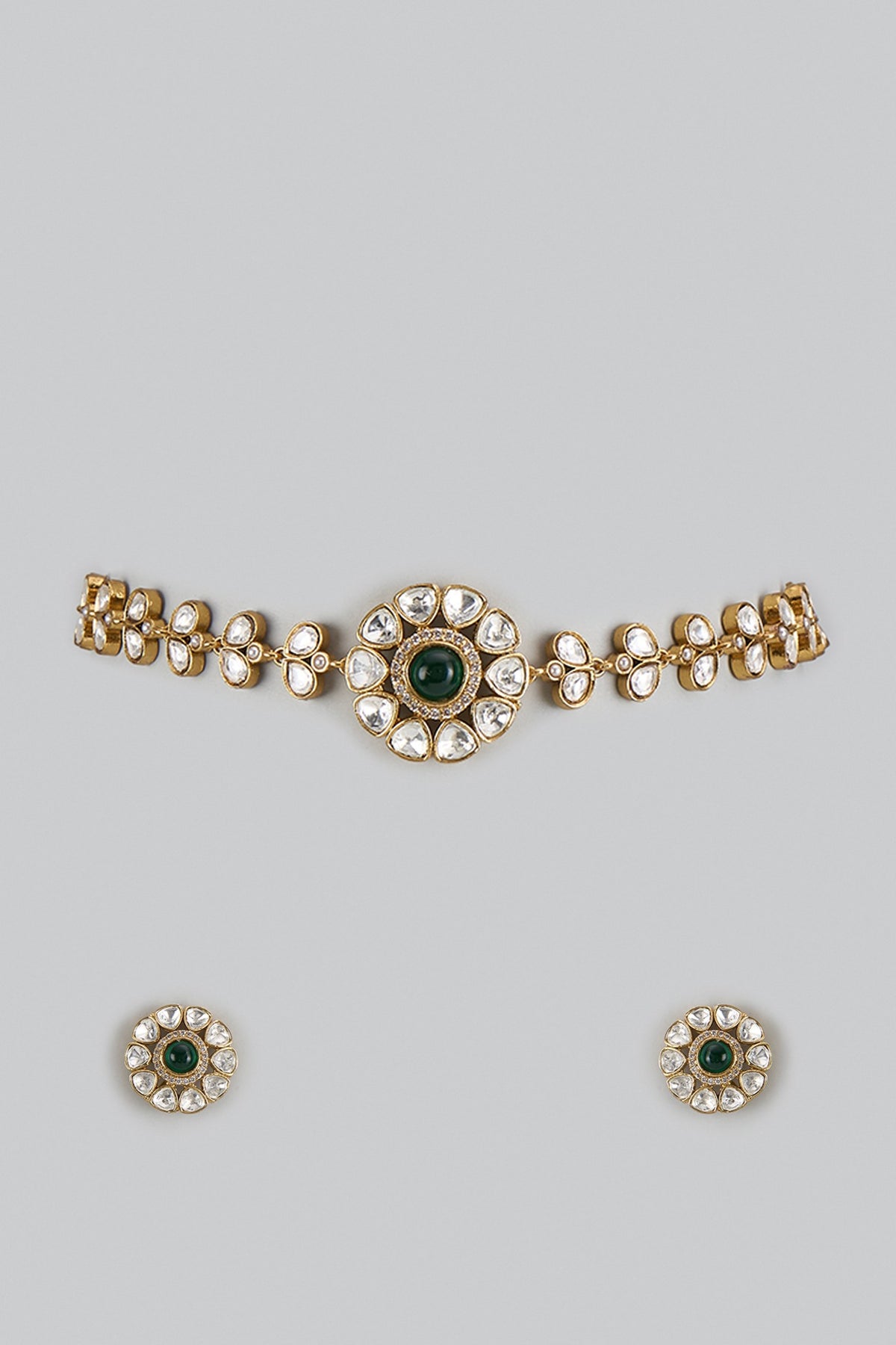 Gold Plated Kundan Polki & Emerald Stone Choker Necklace Set