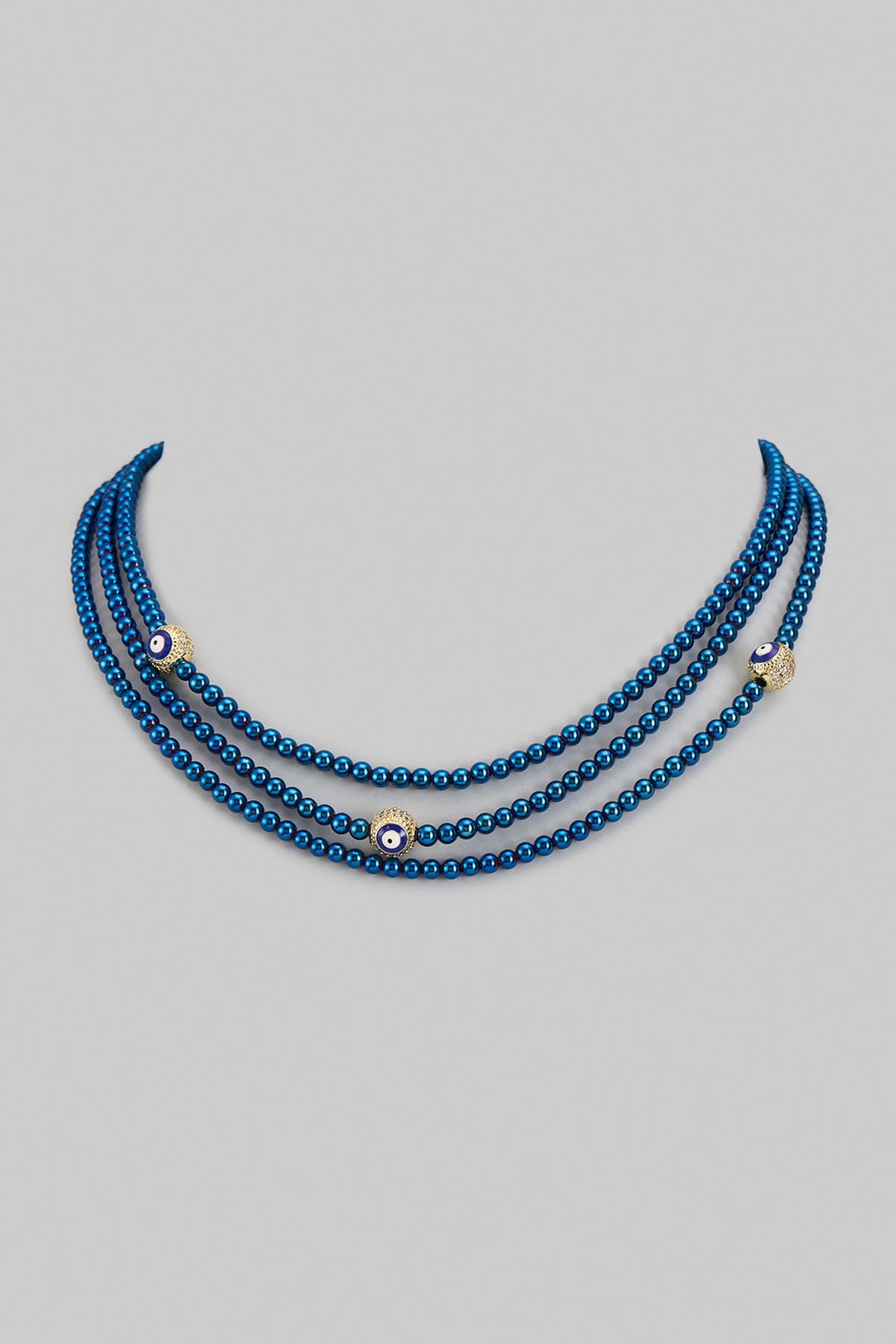 Gold Plated Cubic Zirconia & Blue Hematite Beaded Tri-Strand Necklace