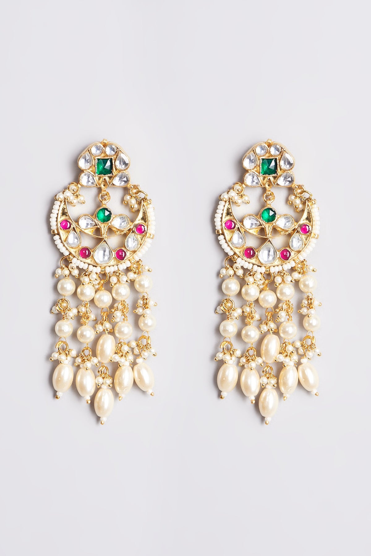 Gold Plated Kundan Polki & Pearls Dangler Earrings
