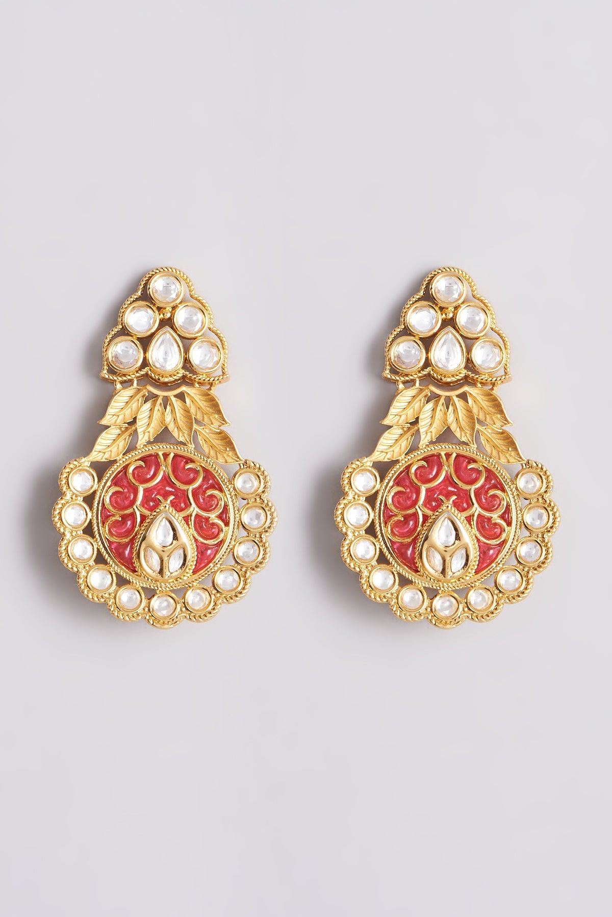 Gold Plated Stud Earrings With Kundan Polki