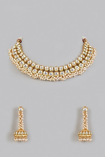 Gold Plated Pearls & Kundan Polki Necklace Set