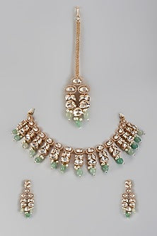 Gold Plated Kundan Polki & Green Beaded Necklace Set