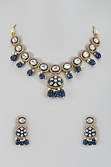 Gold Plated Kundan Polki & Blue Beaded Meenakari Necklace Set