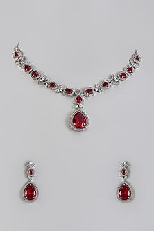 White Gold Finish Cubic Zirconia & Red Stone Necklace Set