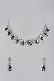 White Gold Finish Cubic Zirconia & Blue Stone Necklace Set