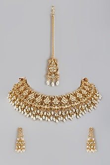 Gold Plated Kundan Polki & Pearl Necklace Set